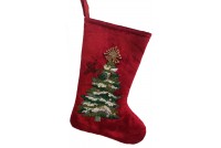 Sametová ponožka červená s výšivkou stromu